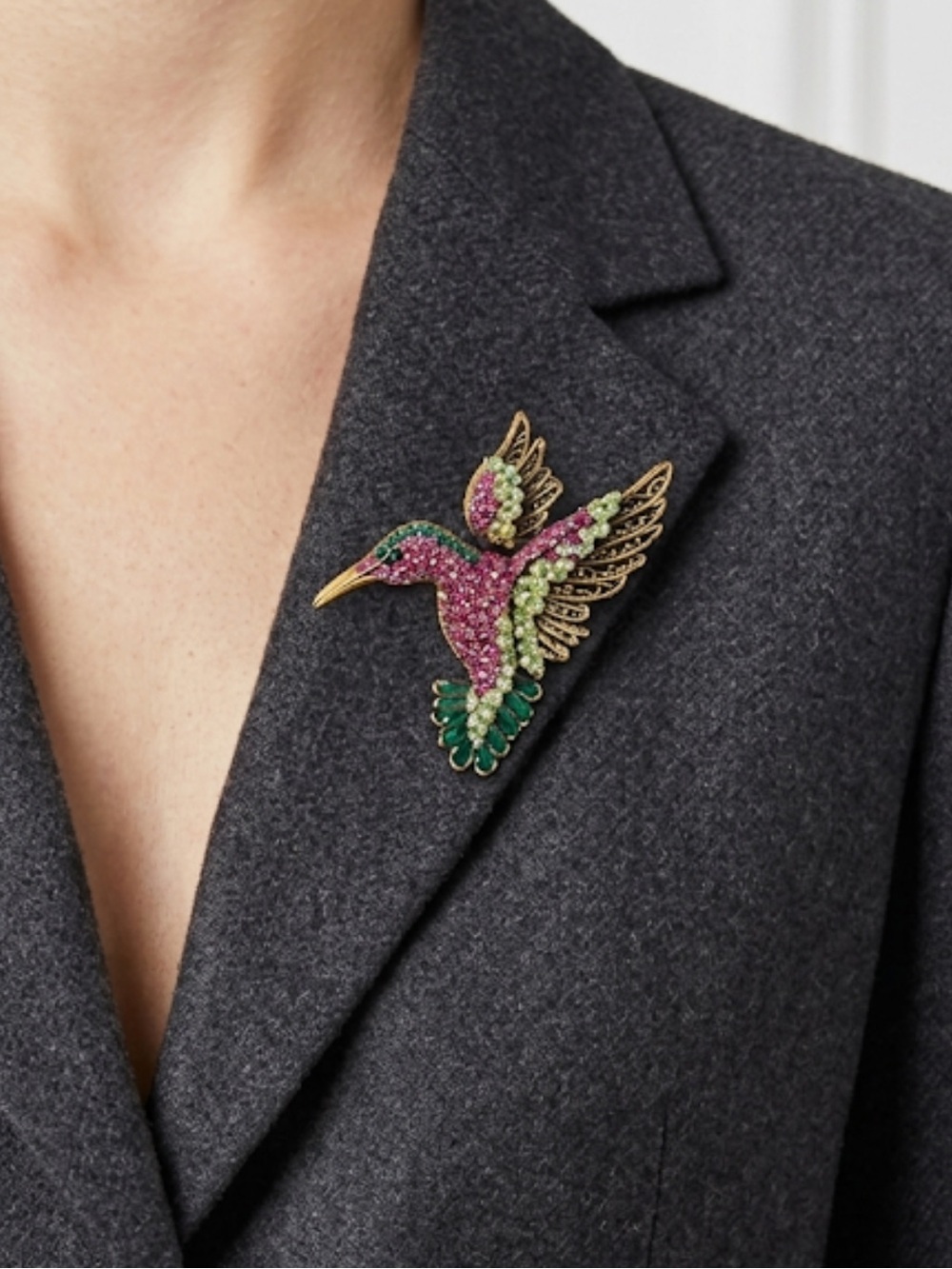 Gold Hummingbird Brooch Colorful Crystal Animal Lapel Pin With Box